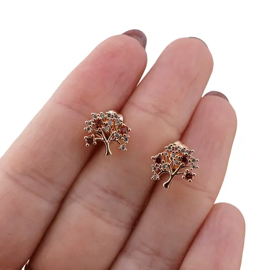 Cercei cupru placat cu aur roz 18k model copac cu zirconii albe si portocalii, imagine 3