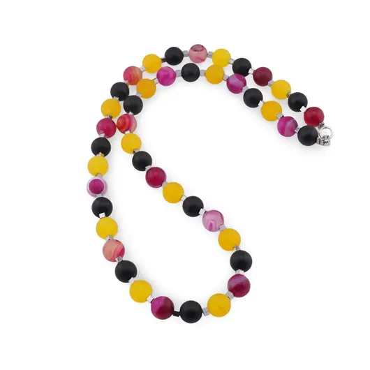 Colier Agat galben si roz sfere mate 8mm, Onix sfere mate 8mm si Hematit cuburi 2mm