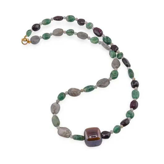 Colier Aventurin, Granat si Labradorit neuniform 8-12mm si Labradorit sfere 3mm cu element cub 12mm
