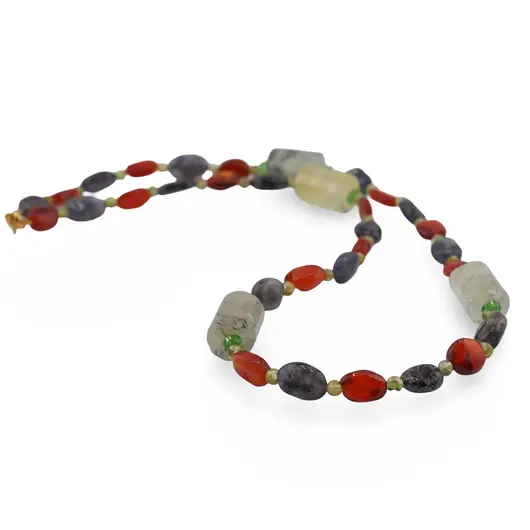 Colier Carneol si Iolith neuniform 8-10mm, Peridot sfere 3mm si Prehnit tuburi fatetate 14mm, imagine 2