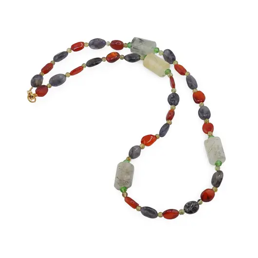 Colier Carneol si Iolith neuniform 8-10mm, Peridot sfere 3mm si Prehnit tuburi fatetate 14mm