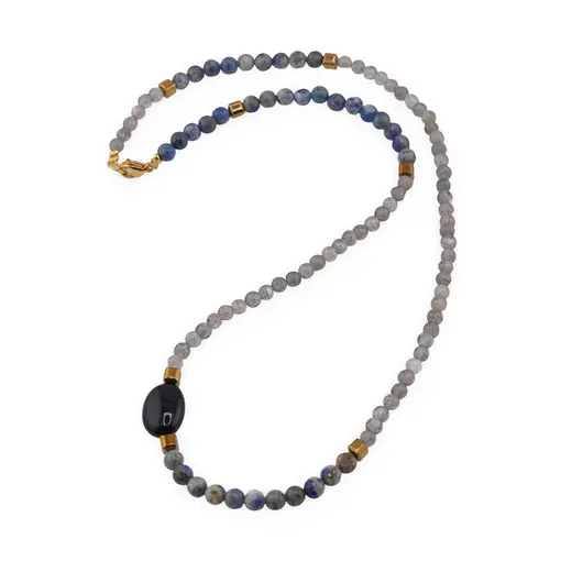Colier Labradorit sfera 4mm, Lapis lazuli sfera 4mm, Onix neuniform 14mm si Hematit auriu 4mm
