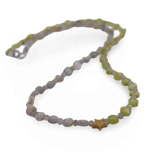 Colier Peridot banuti 5mm, Labradorit banuti 5mm, sfere 3mm si Hematit steluta aurie, imagine 2