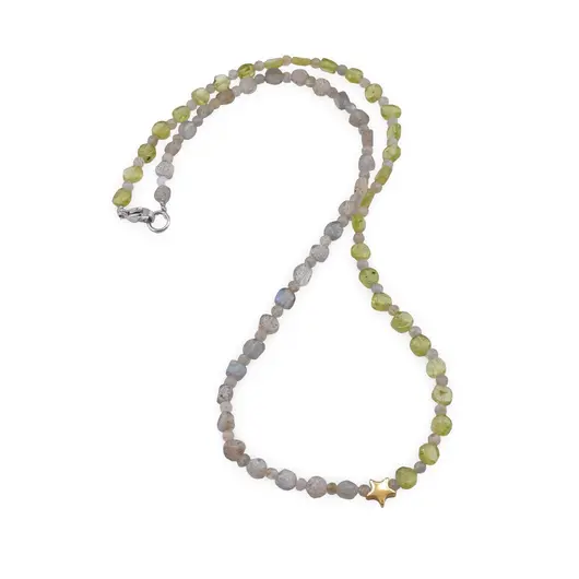 Colier Peridot banuti 5mm, Labradorit banuti 5mm, sfere 3mm si Hematit steluta aurie