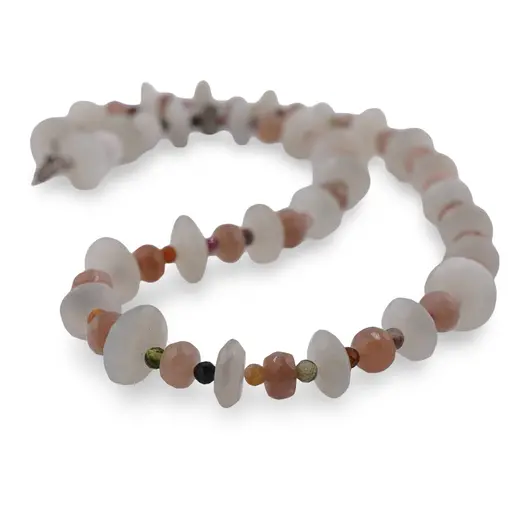Colier Piatra lunii discuri fatetate 12mm, Piatra lunii piersica discuri fatetate 6mm si Turmalina multicolora sfere fatetate 3mm, imagine 2