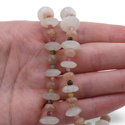Colier Piatra lunii discuri fatetate 12mm, Piatra lunii piersica discuri fatetate 6mm si Turmalina multicolora sfere fatetate 3mm, imagine 3
