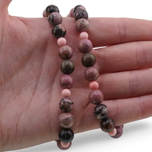 Colier Rodonit sfere 8mm si Coral roz sfere 5mm, imagine 3