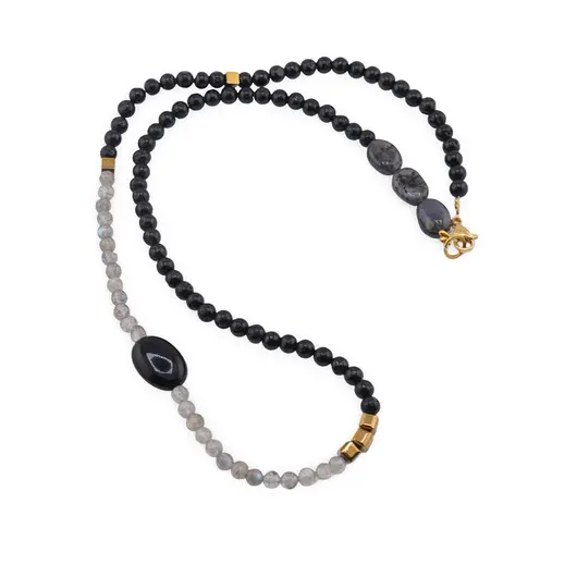 Colier Turmalina si Labradorit sfere 4mm, Hematit auriu cuburi 4mm, Iolith neuniform 10mm, Onix neuniform 14mm