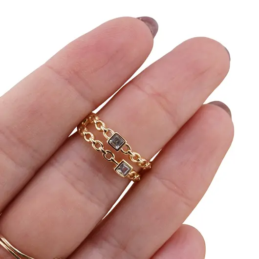 Inel cupru placat cu aur galben 18k zale pe doua randuri si zirconii patrate, imagine 3