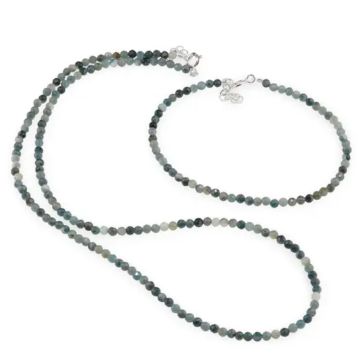 Set bratara si colier Turmalina albastra sfere fatetate, 3mm