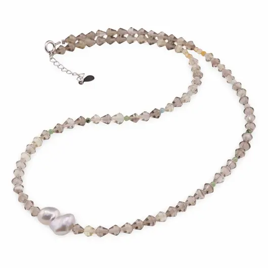 Colier Cuart Fumuriu romburi fatetate 4mm, mix cristale sfere 2mm, Perla 14mm si argint 925