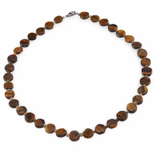 Colier Ochi de tigru banuti 10mm si Ochi de pisica discuri fatetate 4mm