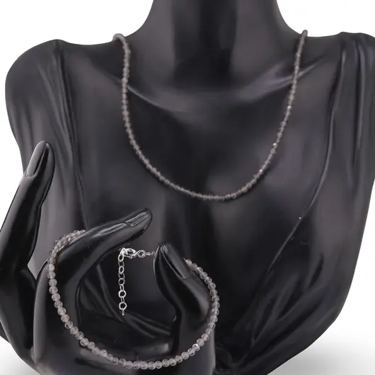 Set bratara si colier Cuart fumuriu sfere fatetate, 3mm, imagine 2