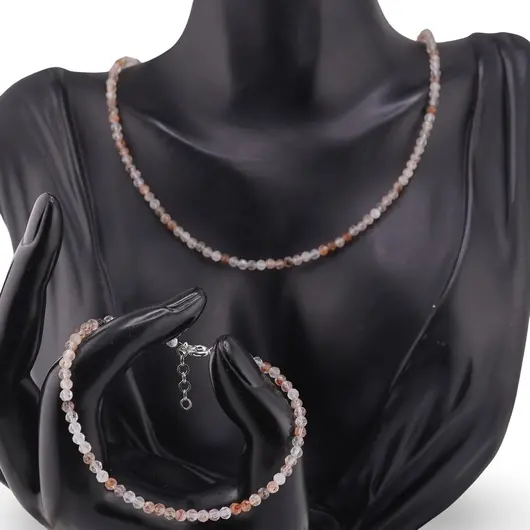 Set bratara si colier Cuart rutilat rosu sfere fatetate, 3mm, imagine 2