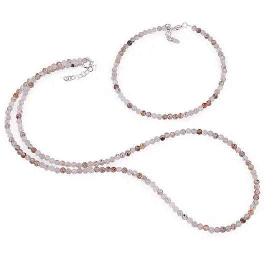 Set bratara si colier Cuart rutilat rosu sfere fatetate, 3mm