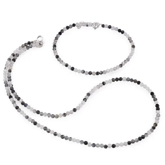 Set bratara si colier Cuart turmalinat sfere fatetate, 3mm
