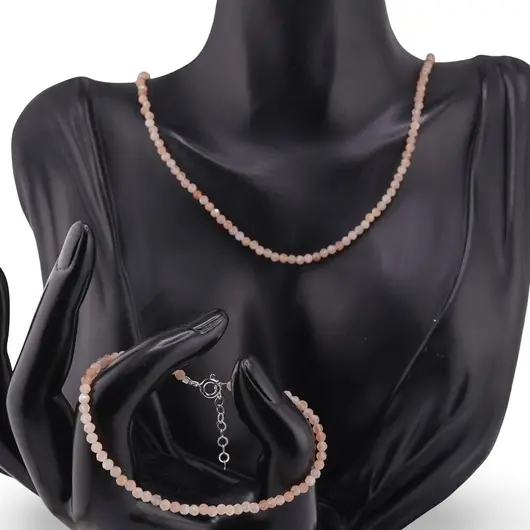 Set bratara si colier Piatra Lunii maro sfere fatetate, 3mm, imagine 2