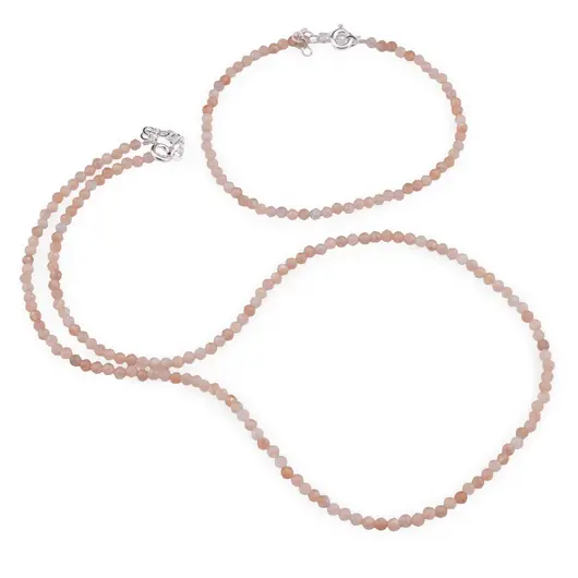 Set bratara si colier Piatra Lunii maro sfere fatetate, 3mm