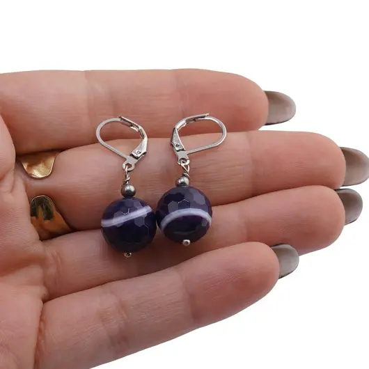 Cercei cu agatatoare Agat mov cu alb fatetat 12mm, imagine 3