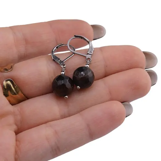 Cercei cu agatatoare Agat negru-maro sfera fatetata 10mm, imagine 3