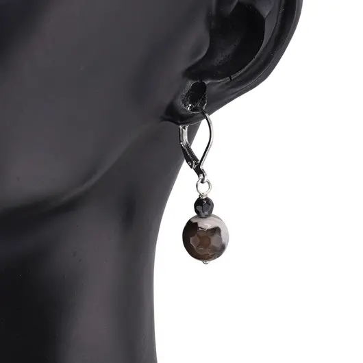 Cercei cu agatatoare Agat Negru patat sfere fatetate 10mm si 4mm, imagine 2