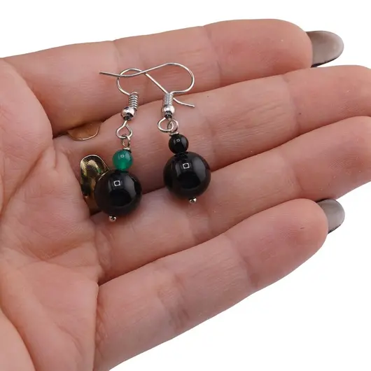 Cercei cu agatatoare Agat negru sfera 10mm si Mix Agate sfera 4mm, imagine 3