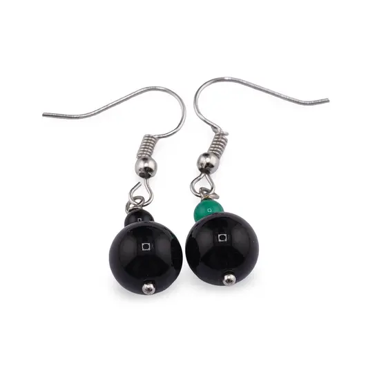 Cercei cu agatatoare Agat negru sfera 10mm si Mix Agate sfera 4mm