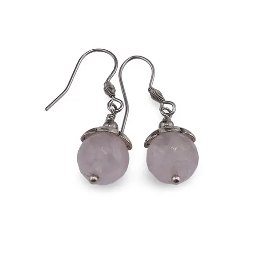 Cercei cu agatatoare Cuart roz sfera fatetata 10mm si element floral