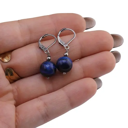 Cercei cu agatatoare Ochi de tigru albastru 10mm, imagine 3