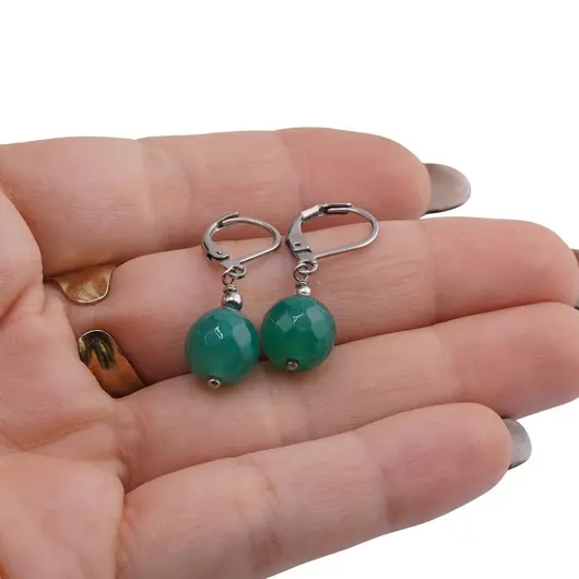 Cercei cu agatatoare Onix verde sfere fatetate 10mm, imagine 3
