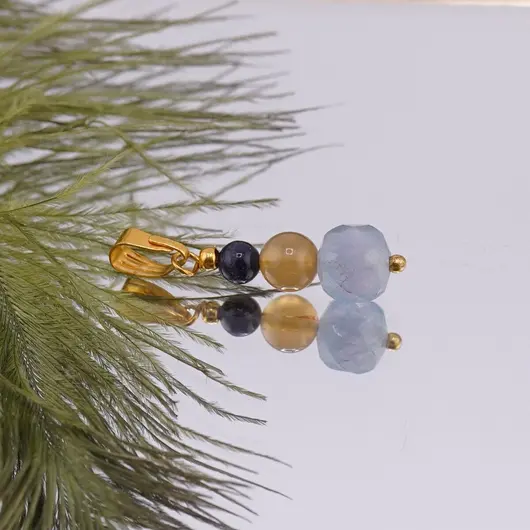 Pandantiv Acvamarin cub fatetat 8mm,  Agat galben sfera 6mm, Granat sfera 4mm, imagine 2