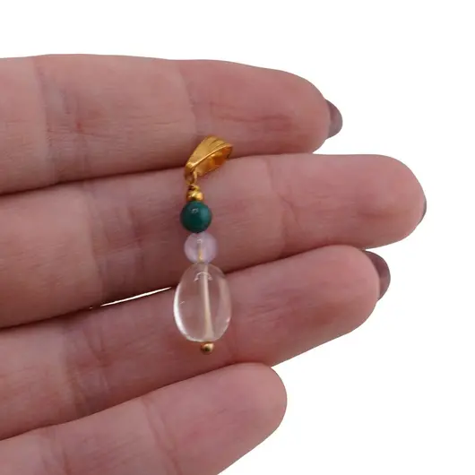 Pandantiv Cristal de stanca neuniform 10mm, Ametist lavanda si Malachit sfere 4mm, imagine 3