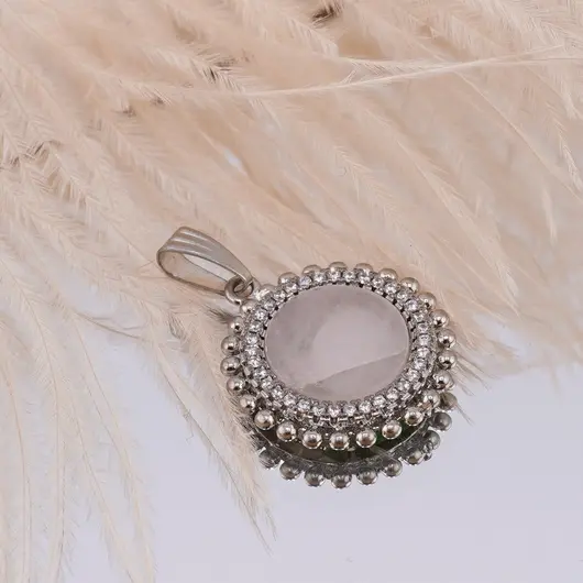 Pandantiv Cuart roz rotund cu montura argintie 20mm, imagine 2