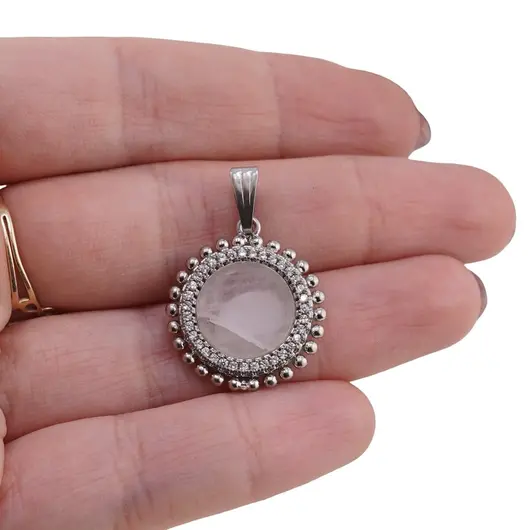 Pandantiv Cuart roz rotund cu montura argintie 20mm, imagine 3