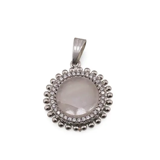 Pandantiv Cuart roz rotund cu montura argintie 20mm