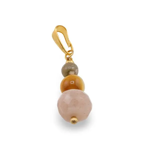 Pandantiv Piatra lunii piersica disc fatetat 8mm,  Ochi de tigru galben sfera 6mm, Riolit sfera 4mm