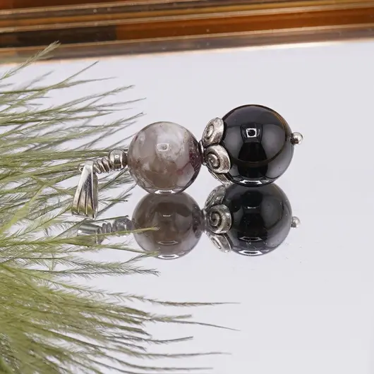 Pandantiv Turmalina neagra sfera 12mm si Roz sfera 11mm, cu elemente florale, imagine 2