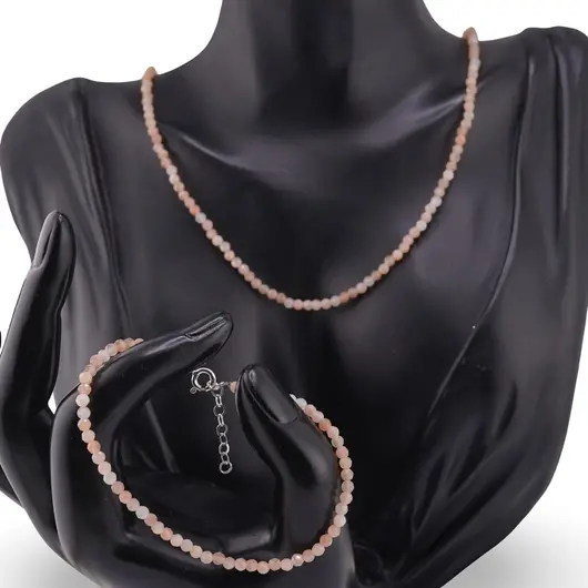 Set bratara si colier Piatra lunii piersica sfere fatetate, 3mm, imagine 2