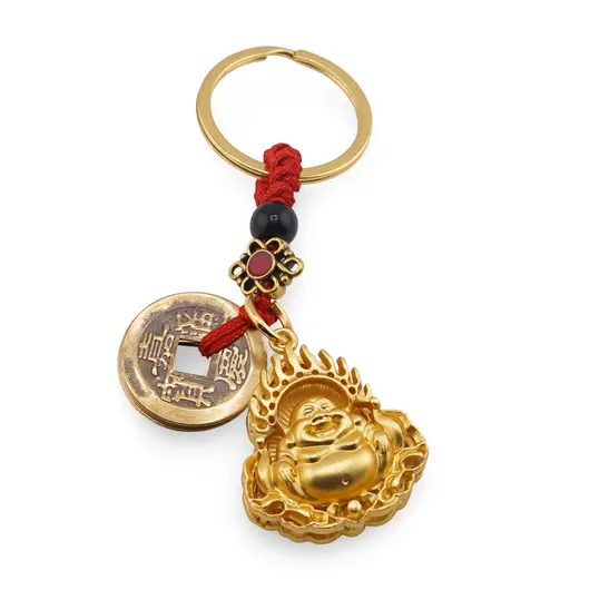 Amuleta breloc feng shui cu Buddha Razand, 5 monede chinezesti si nod mistic, 2026