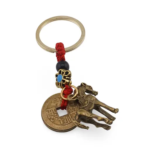 Amuleta breloc feng shui din metal cu Cal si monede, 2026, imagine 2