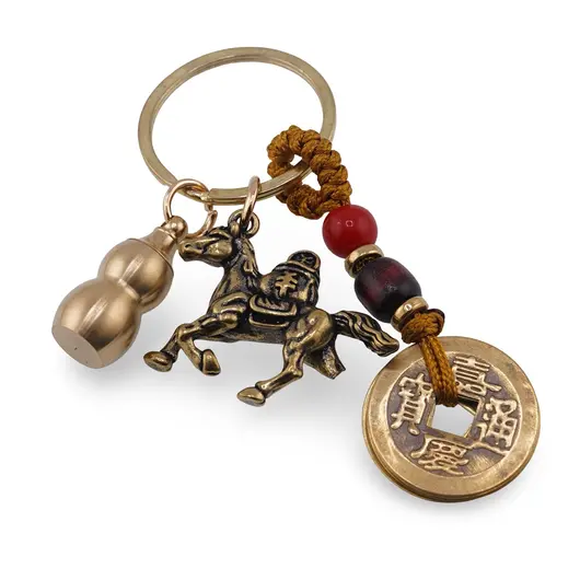 Amuleta breloc feng shui premium din metal cu Cal, Wu Lou si monede, 2026, imagine 2
