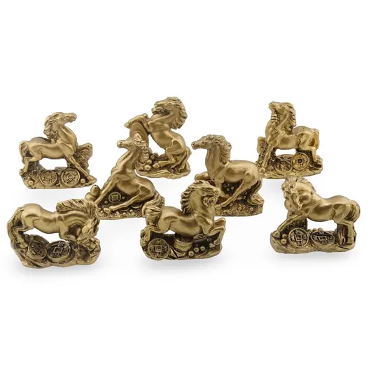 Set 8 statuete Feng Shui din rasina Cai pe monede si pepite, 5-6cm, imagine 2