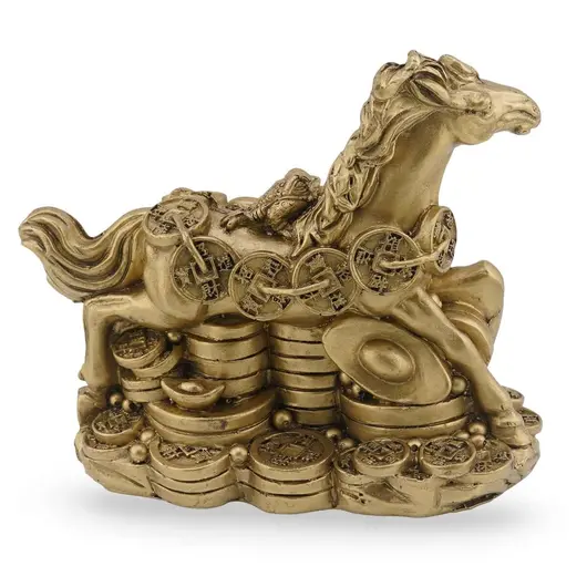Statueta Feng Shui din rasina Cal auriu cu broasca raioasa si salba de monede, 11cm, imagine 2