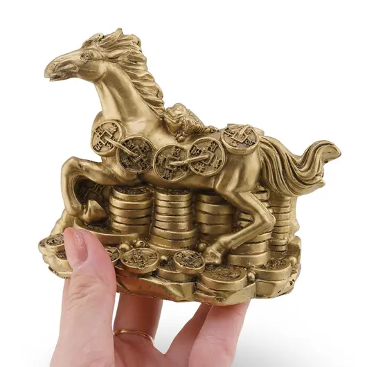 Statueta Feng Shui din rasina Cal auriu cu broasca raioasa si salba de monede, 11cm, imagine 3
