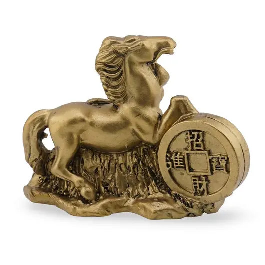 Statueta Feng Shui din rasina Cal auriu cu moneda, salba si pepite, 9cm, imagine 2