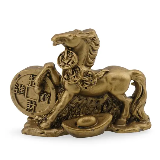 Statueta Feng Shui din rasina Cal auriu cu moneda, salba si pepite, 9cm