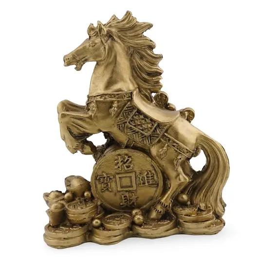 Statueta Feng Shui din rasina Cal auriu cu moneda si pepite, 11cm