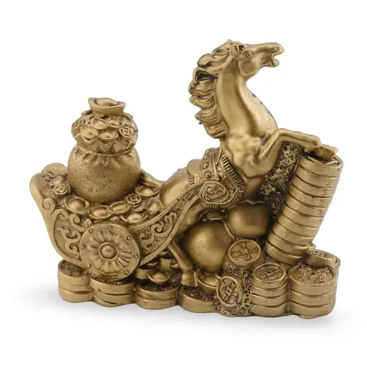 Statueta Feng Shui din rasina Cal auriu cu trasura, sacul bogatiei, monede si pepite, 11cm, imagine 2