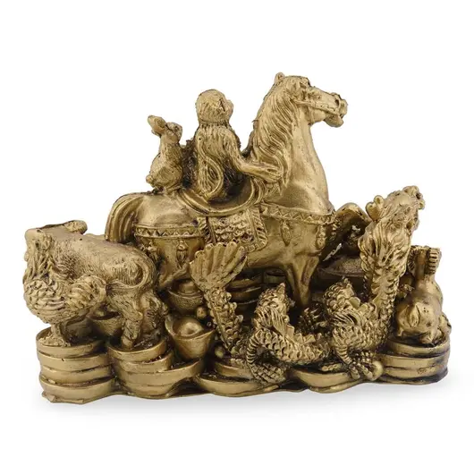 Statueta Feng Shui din rasina Cal auriu cu zodiacul chinezesc pe Monede si pepite, 14cm, imagine 2