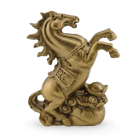 Statueta Feng Shui din rasina Cal auriu pe Sacul prosperitatii cu monede si pepite, 8cm, imagine 2
